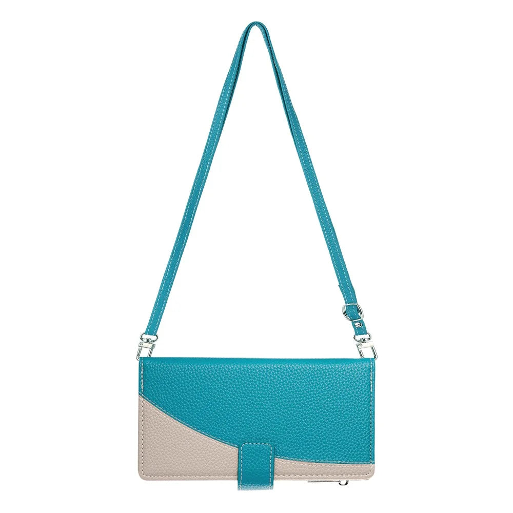 For iPhone 16 Pro Max Case Zipper Pocket Wallet Color Splicing Leather Flip Phone Cover with Straps - Lake Blue - 4