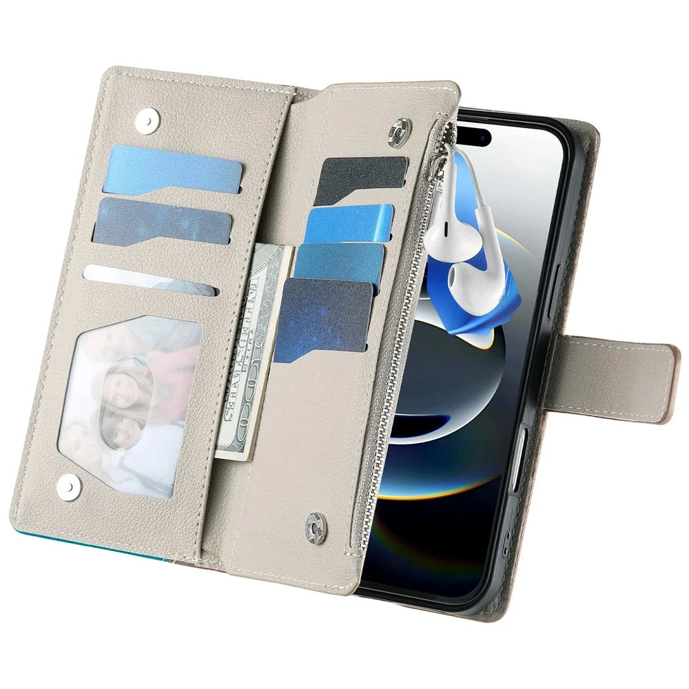 For iPhone 16 Pro Max Case Zipper Pocket Wallet Color Splicing Leather Flip Phone Cover with Straps - Lake Blue - 6