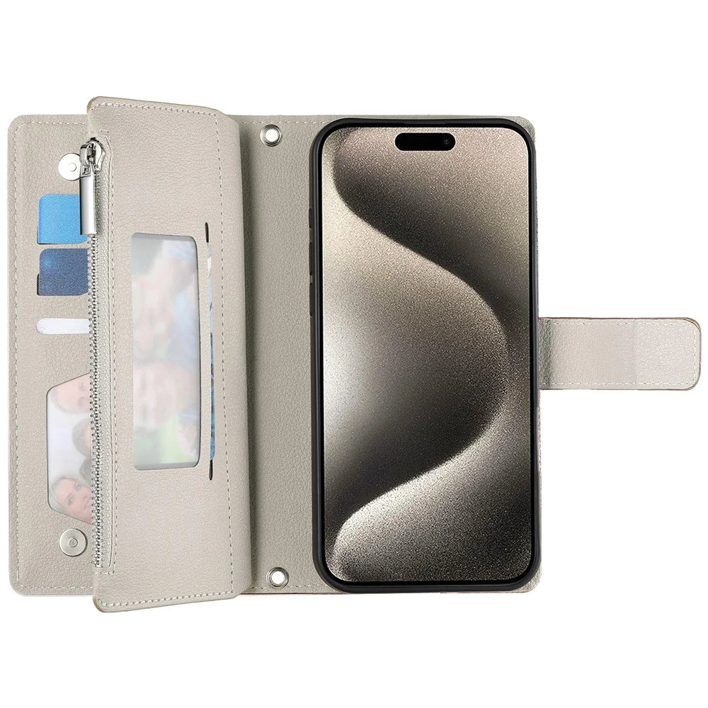 For iPhone 15 Pro Max Case Zipper Pocket Wallet Color Splicing Leather Flip Phone Cover with Straps - Lake Blue - 2