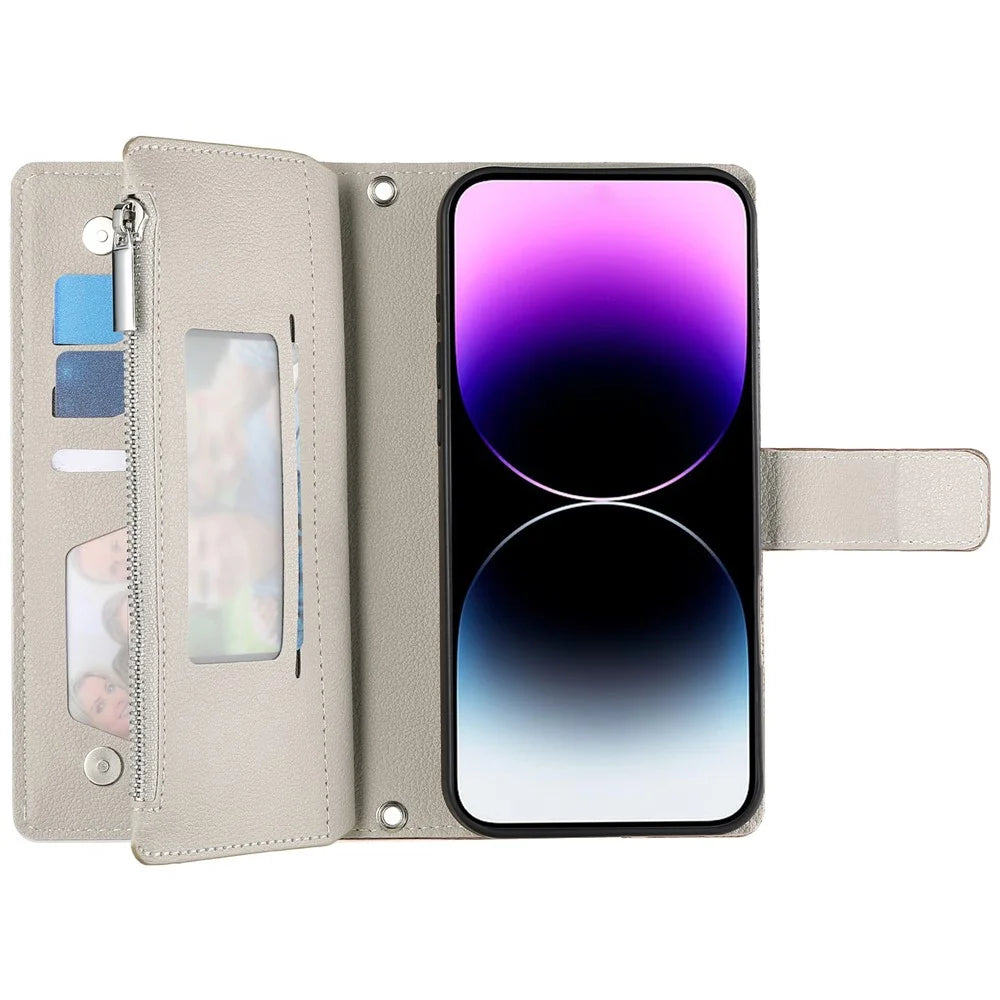 For iPhone 14  /  13 Case Zipper Pocket Wallet Color Splicing Leather Flip Phone Cover with Straps - Lake Blue - 2