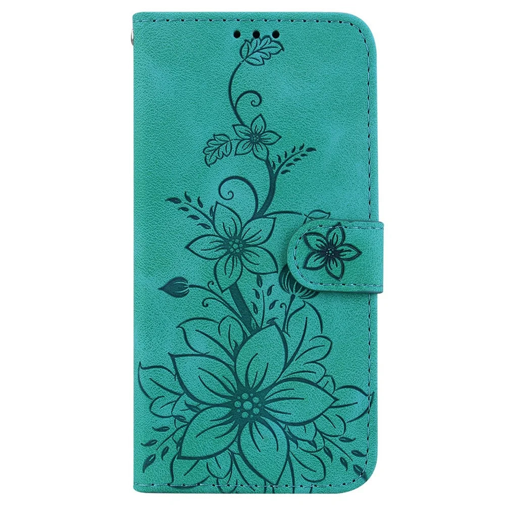 For iPhone 17 Stand Case Lily Flower Imprint Leather Phone Cover with Wrist Strap - Green - 6