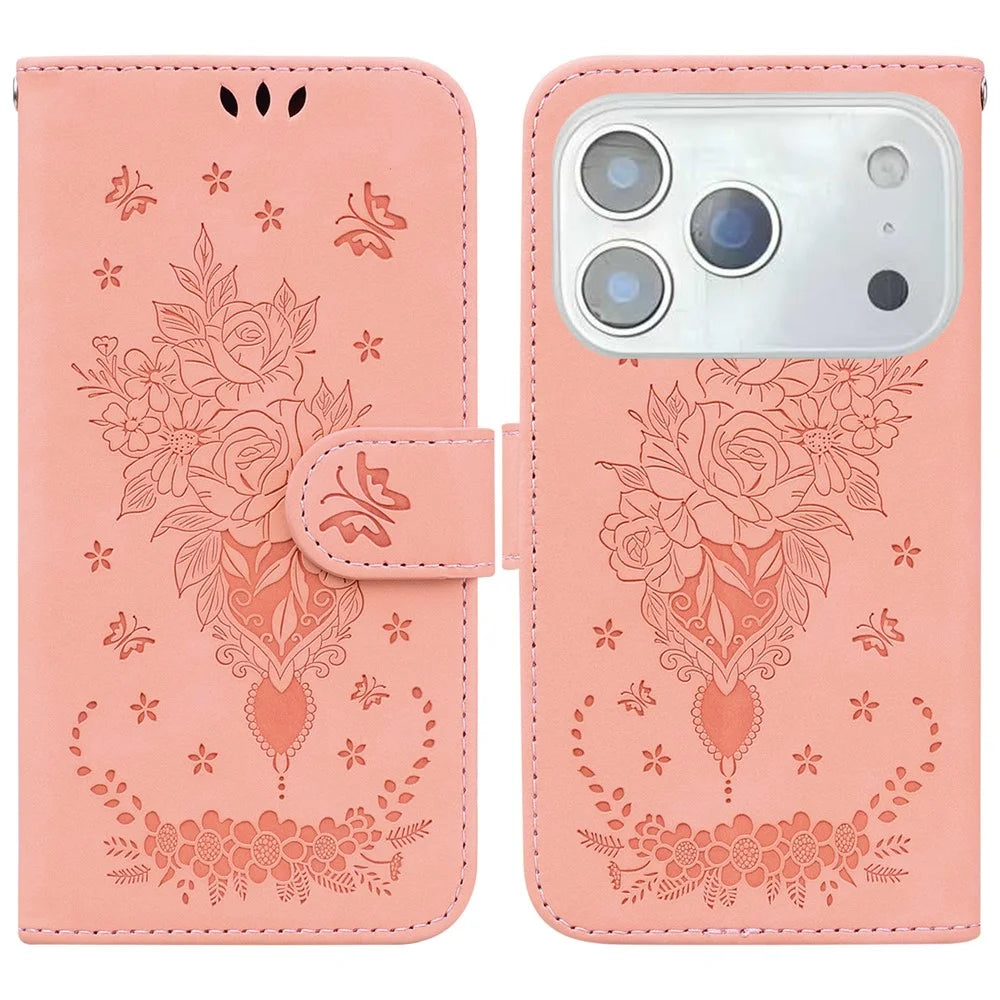 For iPhone 18 Pro Max / 17 Pro Max Case Butterfly Flower Imprint PU Leather Wallet Phone Cover with Strap - Pink - 1