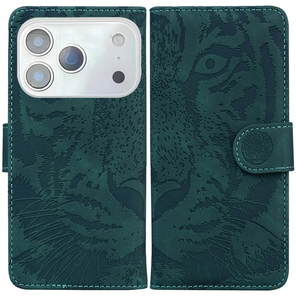 For iPhone 18 Pro Max / 17 Pro Max Case Tiger Imprint Leather Wallet Phone Cover - Green - 1