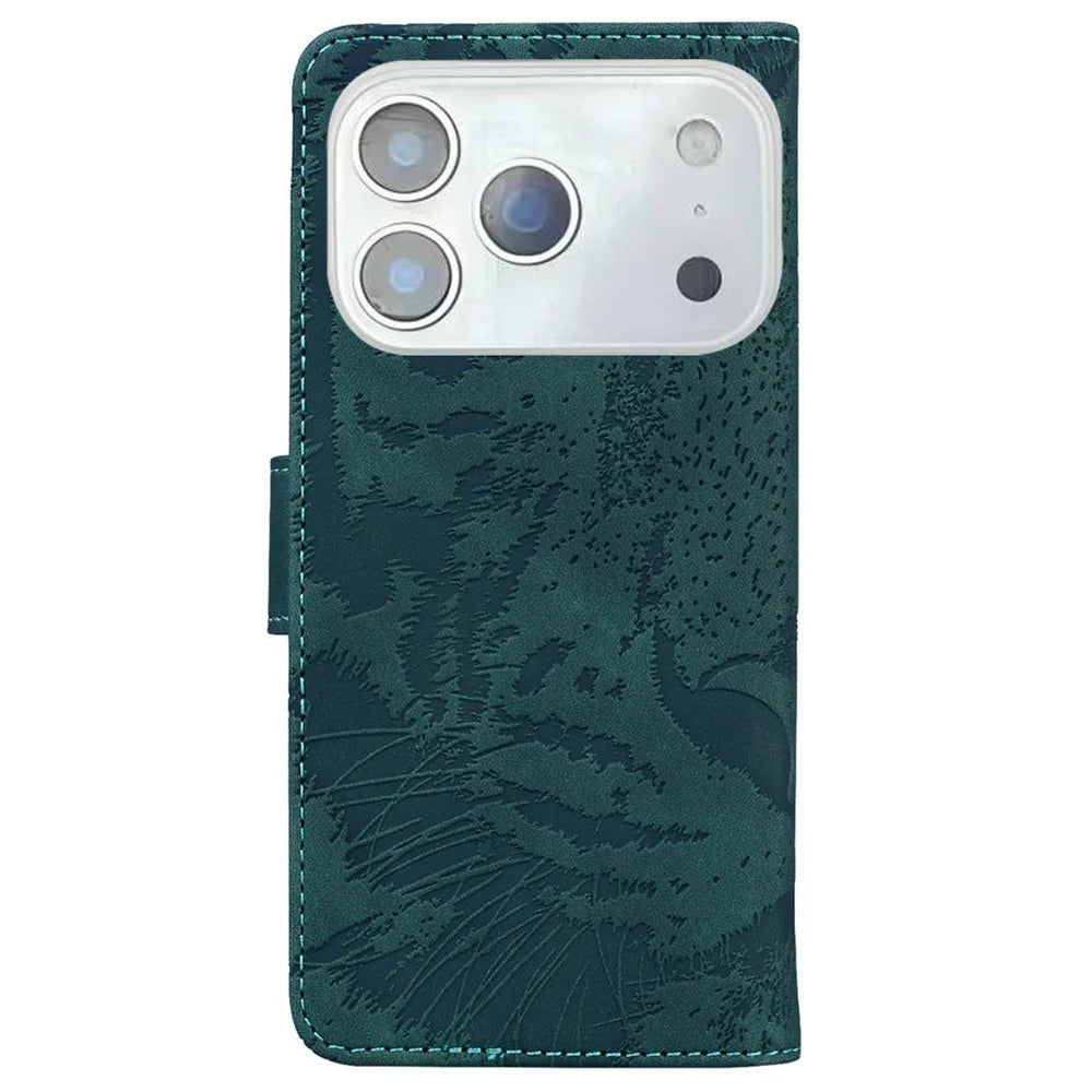 For iPhone 18 Pro Max / 17 Pro Max Case Tiger Imprint Leather Wallet Phone Cover - Green - 7