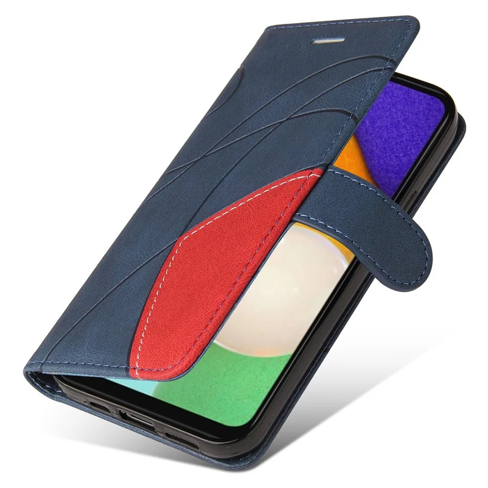 For Samsung Galaxy A14 5G / A14 4G Leather Case Wallet Stand Color Splicing Phone Cover - Blue - 6