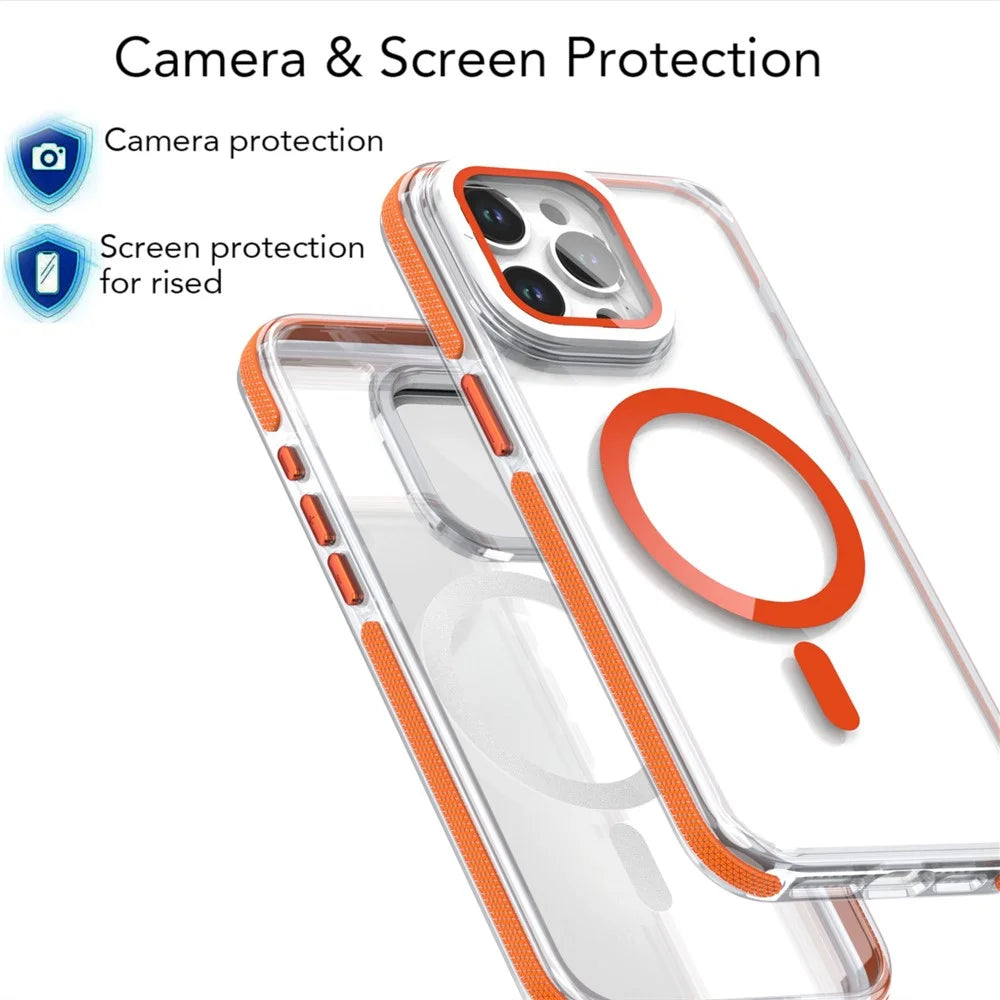 For iPhone 15 Pro Magnetic Case TPU Acrylic Clear Phone Back Cover with Lens Protector Kickstand - Orange - 6