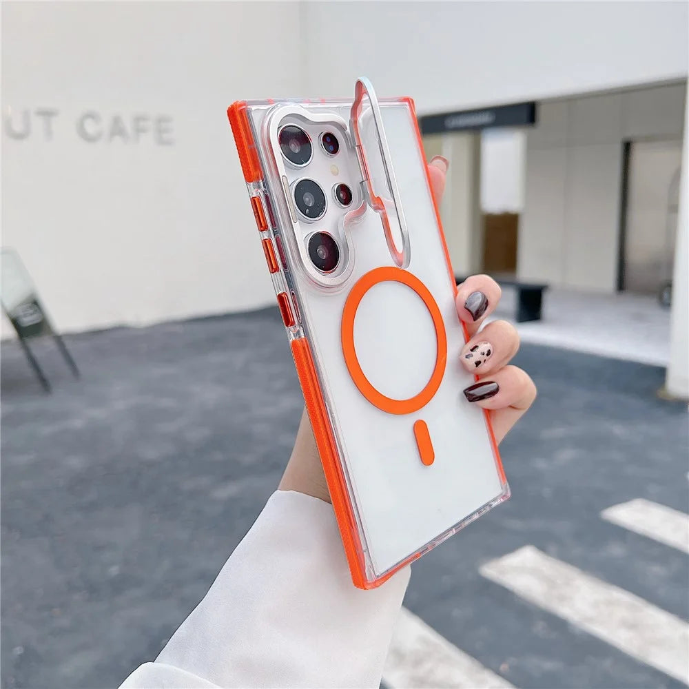 For Samsung Galaxy S24 Ultra Magnetic Case TPU Acrylic Clear Phone Back Cover with Lens Protector Kickstand - Orange - 2
