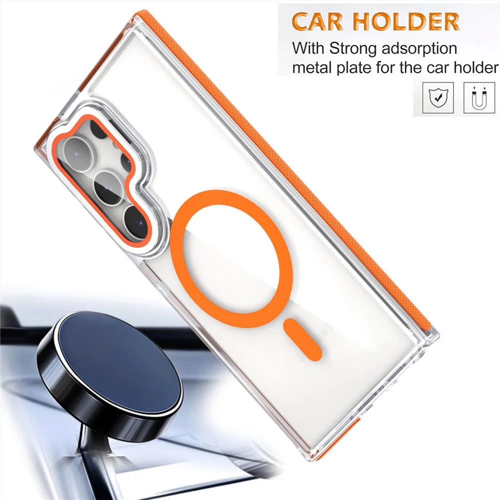 For Samsung Galaxy S24 Ultra Magnetic Case TPU Acrylic Clear Phone Back Cover with Lens Protector Kickstand - Orange - 3