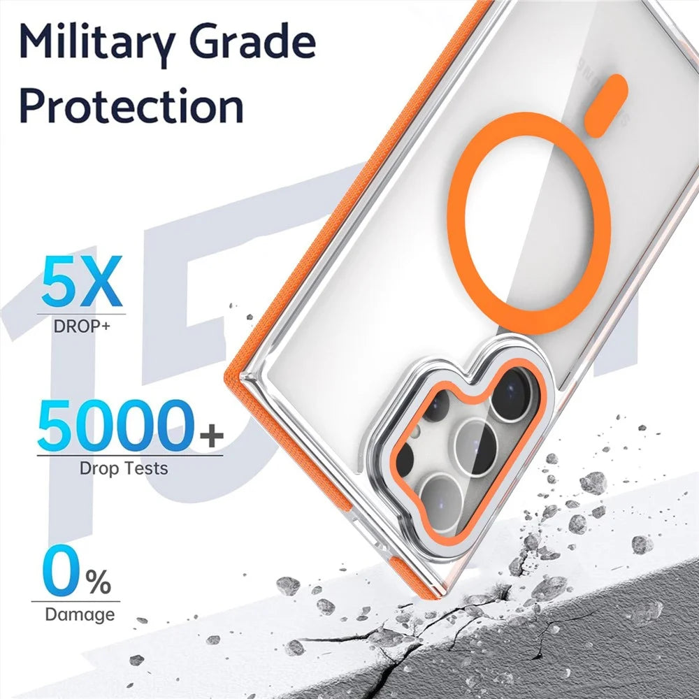 For Samsung Galaxy S24 Ultra Magnetic Case TPU Acrylic Clear Phone Back Cover with Lens Protector Kickstand - Orange - 4