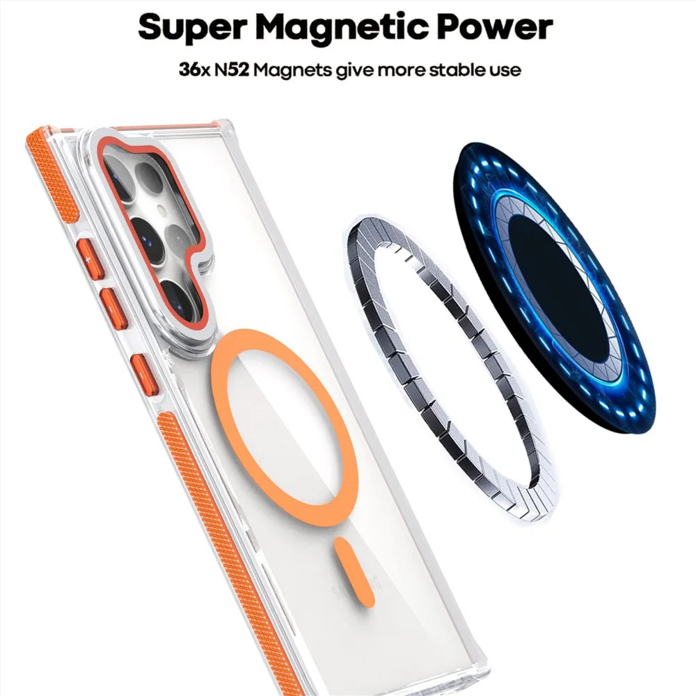 For Samsung Galaxy S24 Ultra Magnetic Case TPU Acrylic Clear Phone Back Cover with Lens Protector Kickstand - Orange - 6