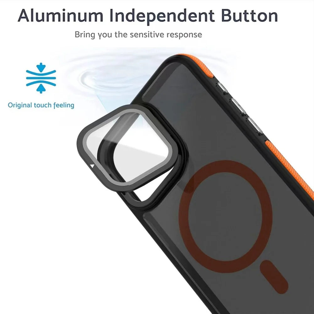 For iPhone 16 Pro Magnetic Case Skin-Touch TPU Acrylic Phone Back Cover with Lens Protector Kickstand - Orange - 2
