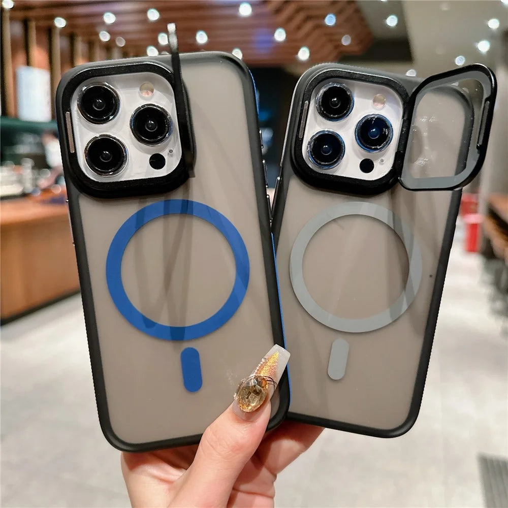 For iPhone 16 Pro Magnetic Case Skin-Touch TPU Acrylic Phone Back Cover with Lens Protector Kickstand - Orange - 4