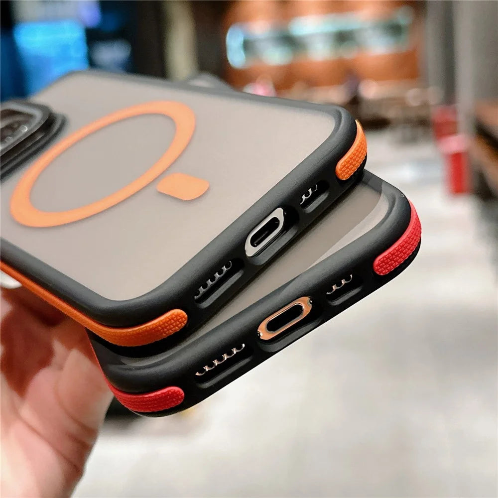 For iPhone 16 Pro Magnetic Case Skin-Touch TPU Acrylic Phone Back Cover with Lens Protector Kickstand - Orange - 7