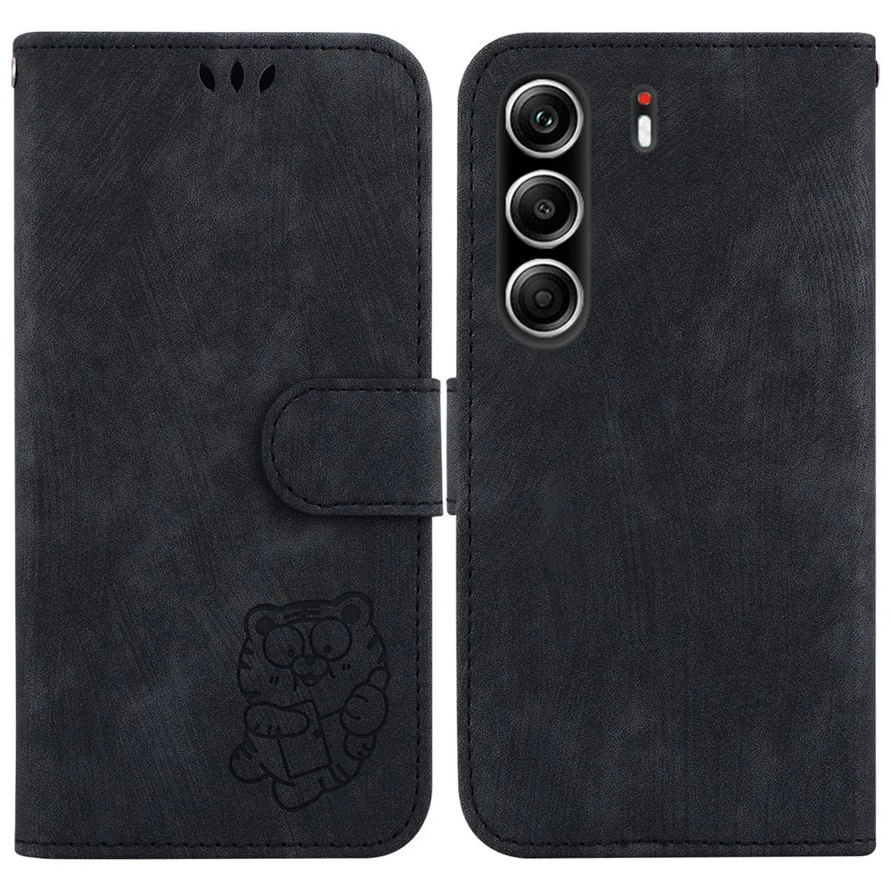 For TECNO Camon 40 Pro 5G  /  4G Wallet Case Tiger Imprint Leather Shockproof Phone Cover with Wrist Strap - Black - 1