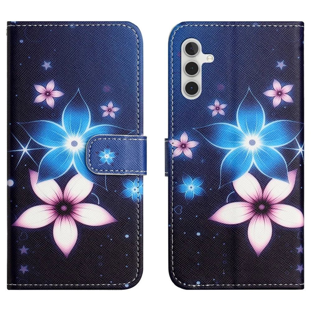 For Samsung Galaxy A56 5G / M56 5G Case Pattern Print PU Leather Wallet Phone Cover Cross Texture - Blue Flower - 1