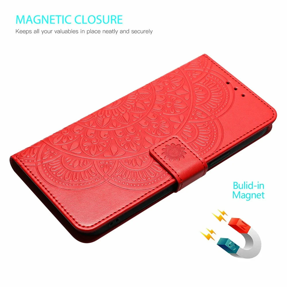 For iPhone 18 Pro Max / 17 Pro Max Leather Case with Card Slots Mandala Pattern Phone Cover Stand - Red - 4