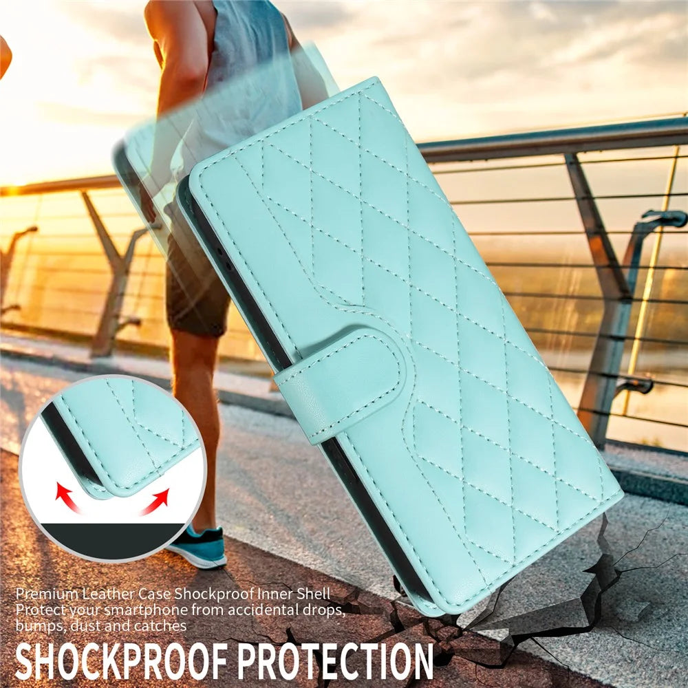 For iPhone 18 Pro / 17 Pro Wallet Case Rhombus Leather Phone Cover with Strap - Green - 3