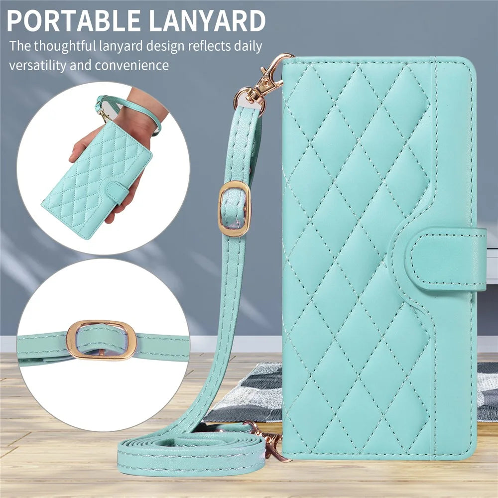 For iPhone 18 Pro / 17 Pro Wallet Case Rhombus Leather Phone Cover with Strap - Green - 6