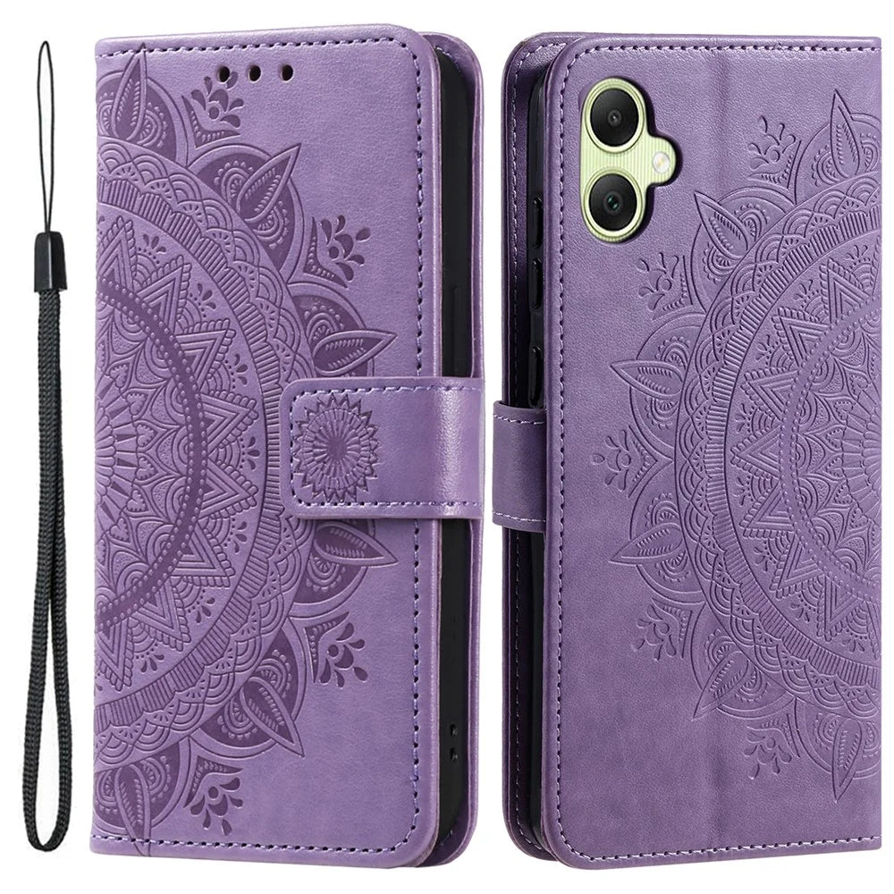 For Samsung Galaxy A08 5G / A08 4G / A07 5G / A07 4G Stand Case Imprinted Totem PU Leather Wallet Phone Cover with Wrist Strap - Purple - 1