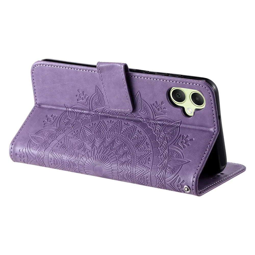 For Samsung Galaxy A08 5G / A08 4G / A07 5G / A07 4G Stand Case Imprinted Totem PU Leather Wallet Phone Cover with Wrist Strap - Purple - 4