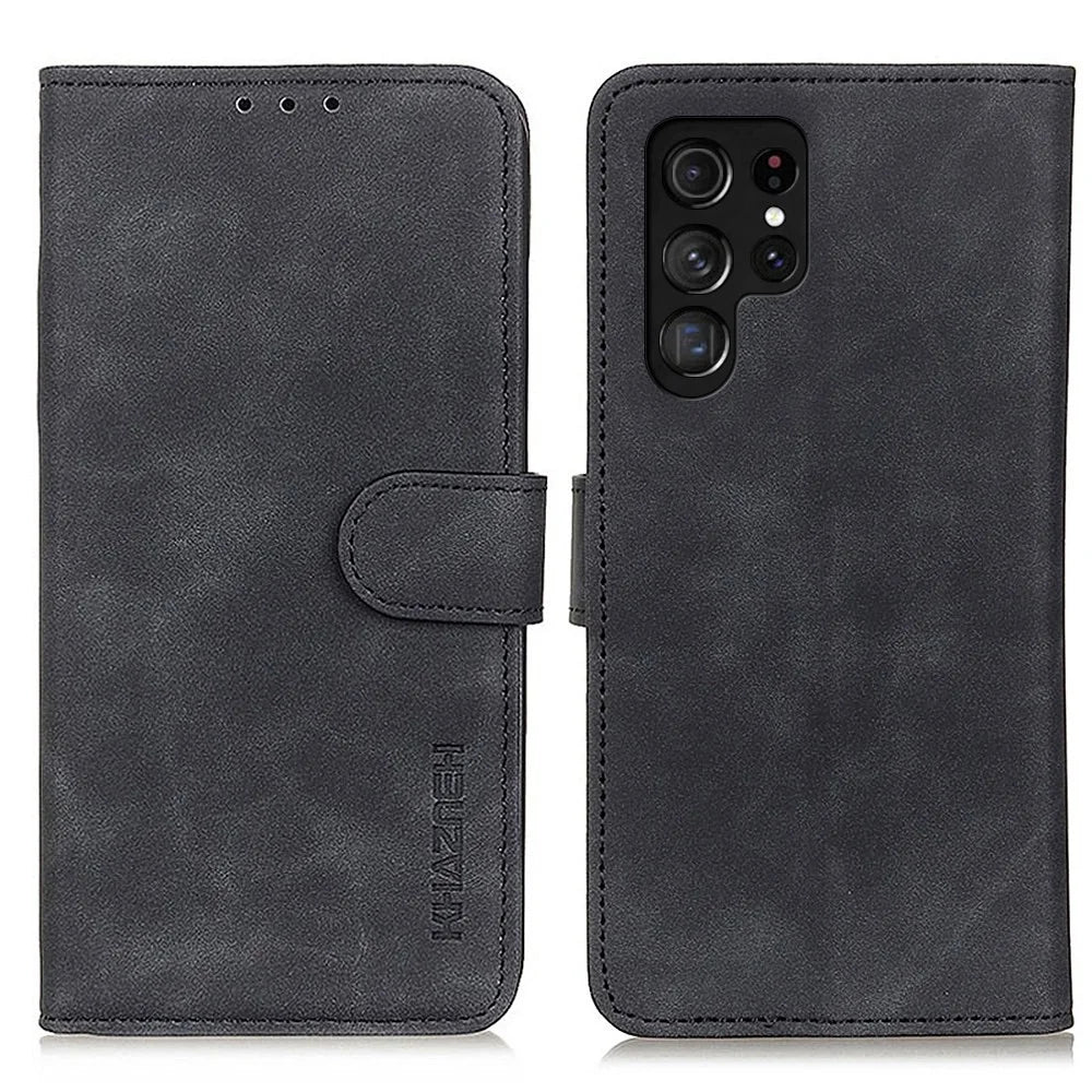 KHAZNEH For Samsung Galaxy S23 Ultra Retro Texture PU Leather Phone Cover Drop-proof Protective Wallet Stand Case - Black - 1