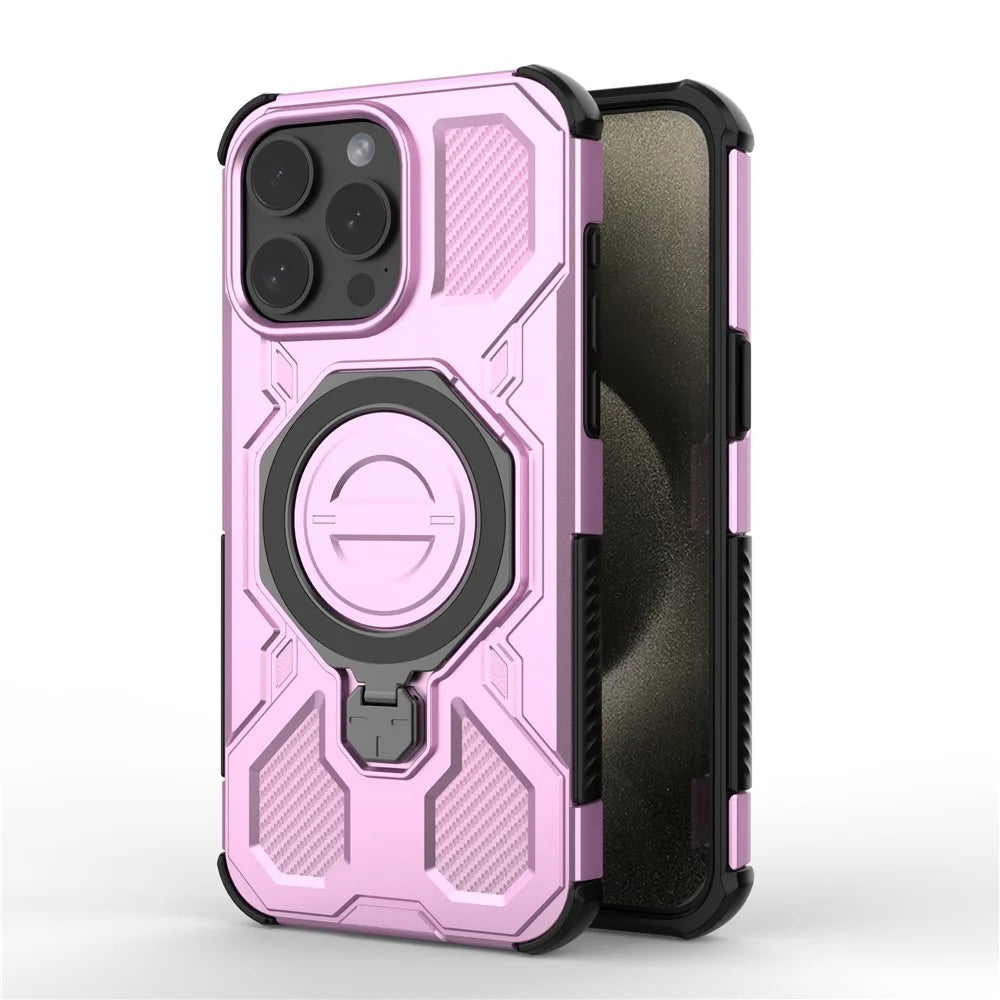For iPhone 15 Pro Max Magnetic Case Rotating Metal Kickstand Shockproof PC + TPU Phone Back Cover - Pink - 2