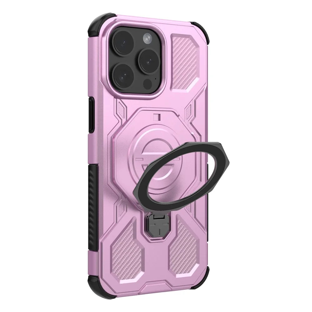 For iPhone 15 Pro Max Magnetic Case Rotating Metal Kickstand Shockproof PC + TPU Phone Back Cover - Pink - 7