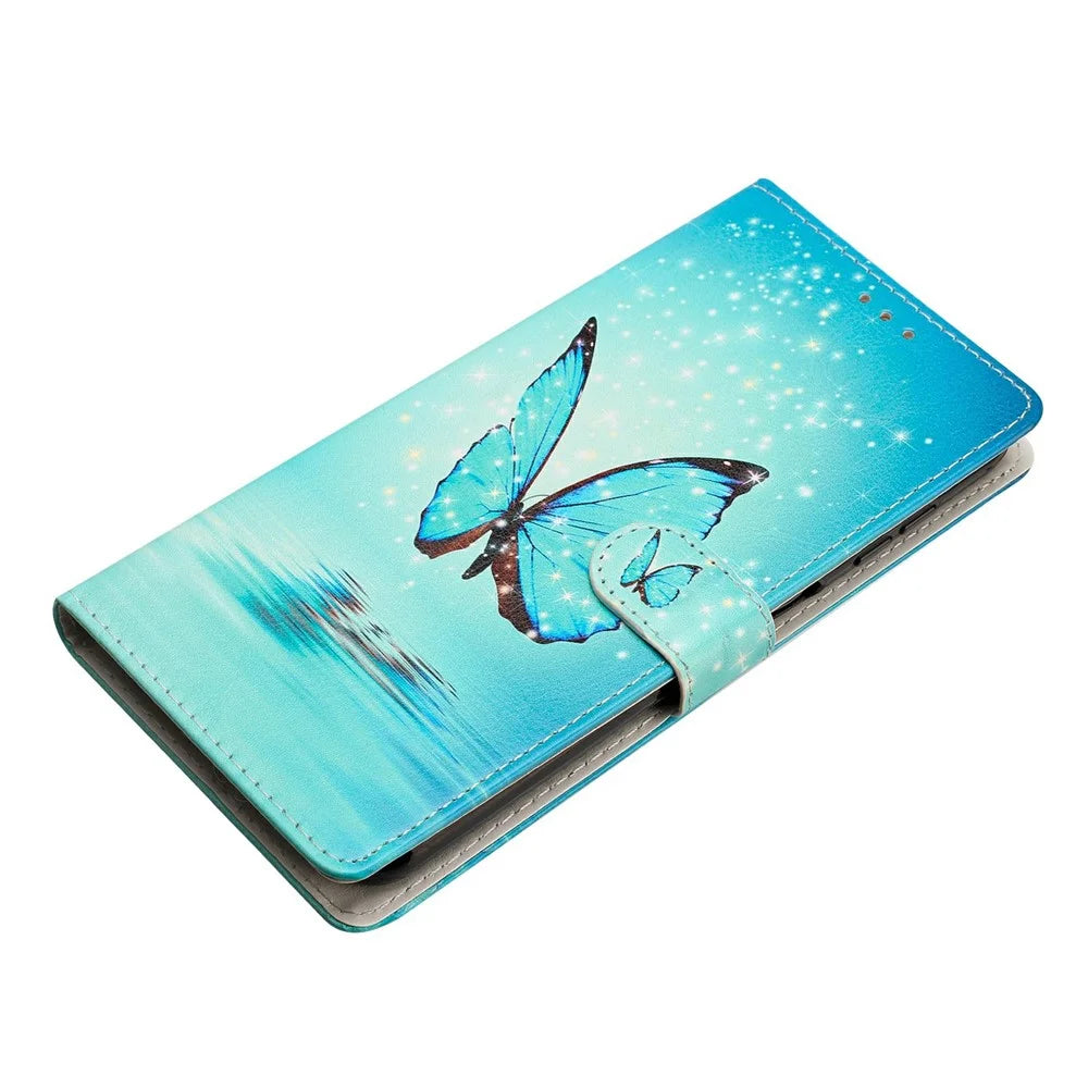 For Samsung Galaxy A08 5G / A08 4G / A07 4G Wallet Case PU Leather Pattern Printing Stand Phone Cover with Strap - Blue Butterfly - 4