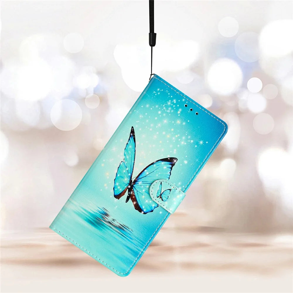 For Samsung Galaxy A08 5G / A08 4G / A07 4G Wallet Case PU Leather Pattern Printing Stand Phone Cover with Strap - Blue Butterfly - 6