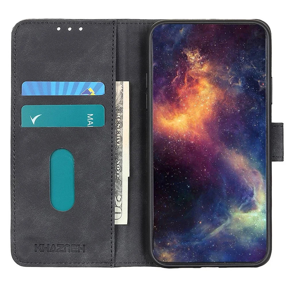 KHAZNEH Cell Phone Cover for Samsung Galaxy S23, Anti-scratch PU Leather Wallet Case Retro Texture Viewing Stand Phone Shell - Black - 2