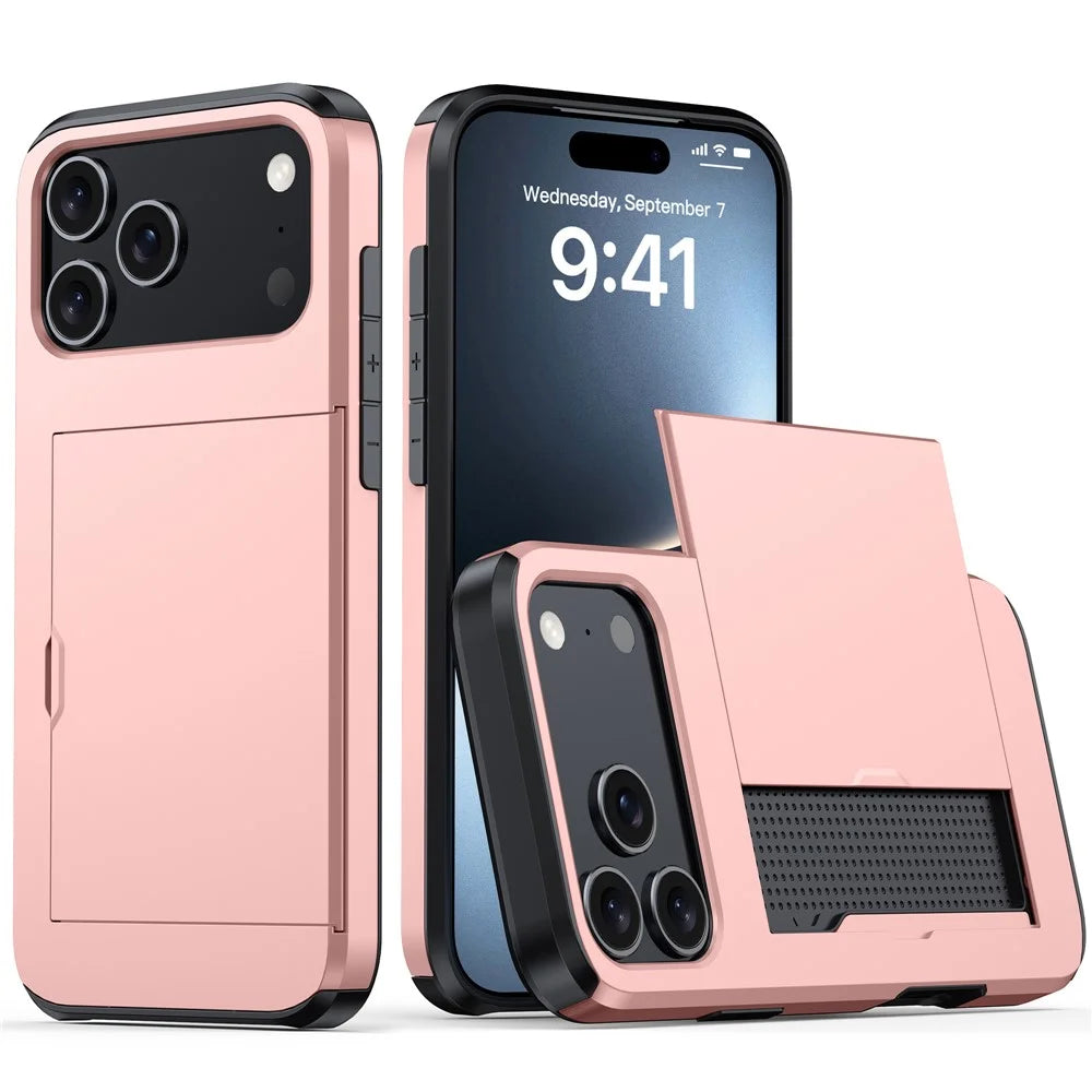 For iPhone 18 Pro Max / 17 Pro Max Case Card Holder TPU + PC Phone Back Cover - Rose Gold - 1