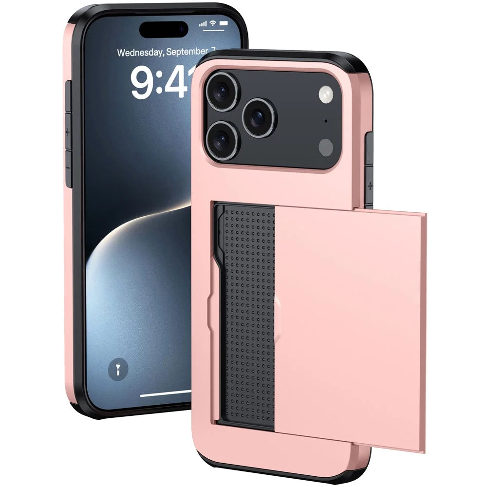 For iPhone 18 Pro Max / 17 Pro Max Case Card Holder TPU + PC Phone Back Cover - Rose Gold - 2