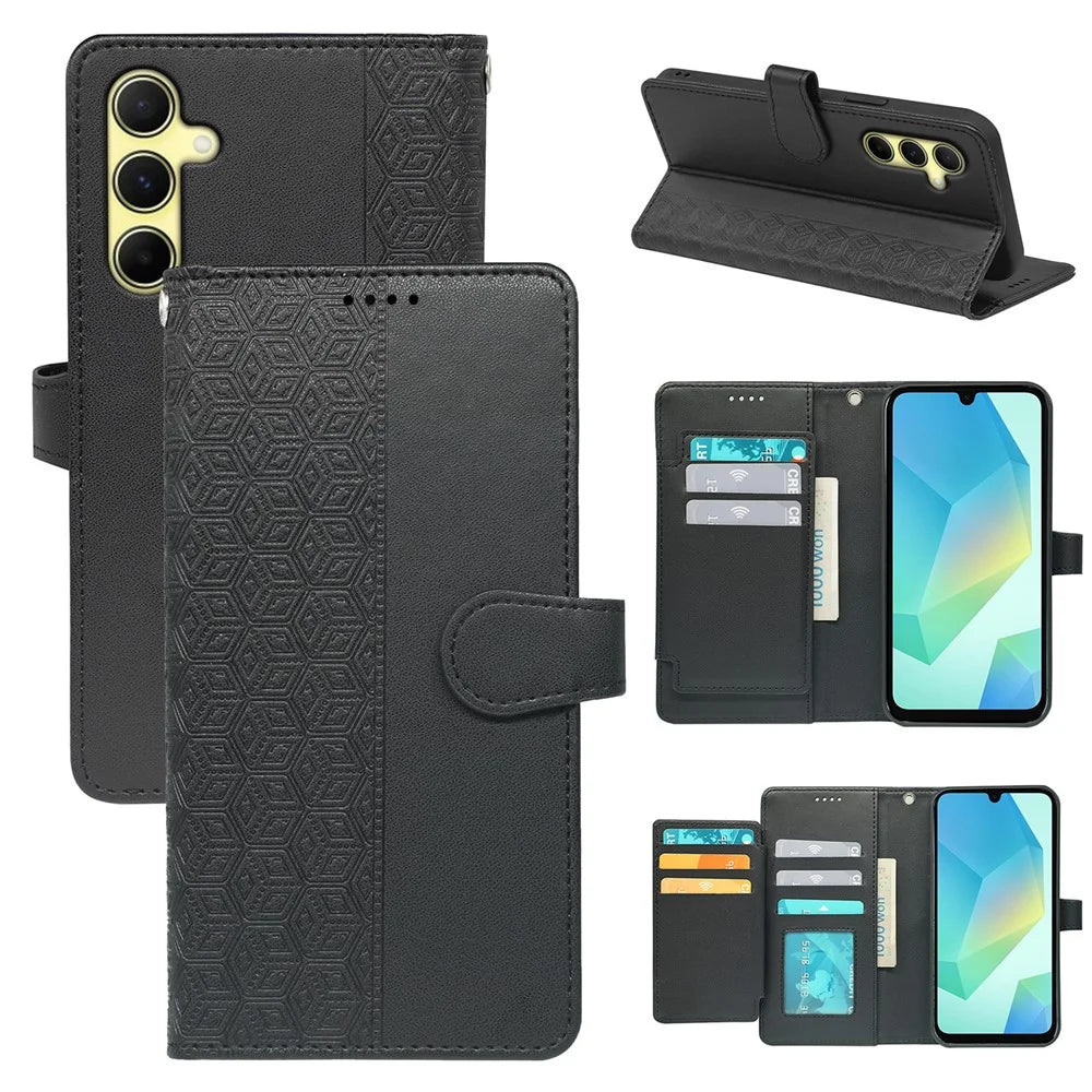 For Samsung Galaxy A16 4G / 5G Case with 9 Card Slots Checkered Pattern PU Leather Phone Cover - Black - 1