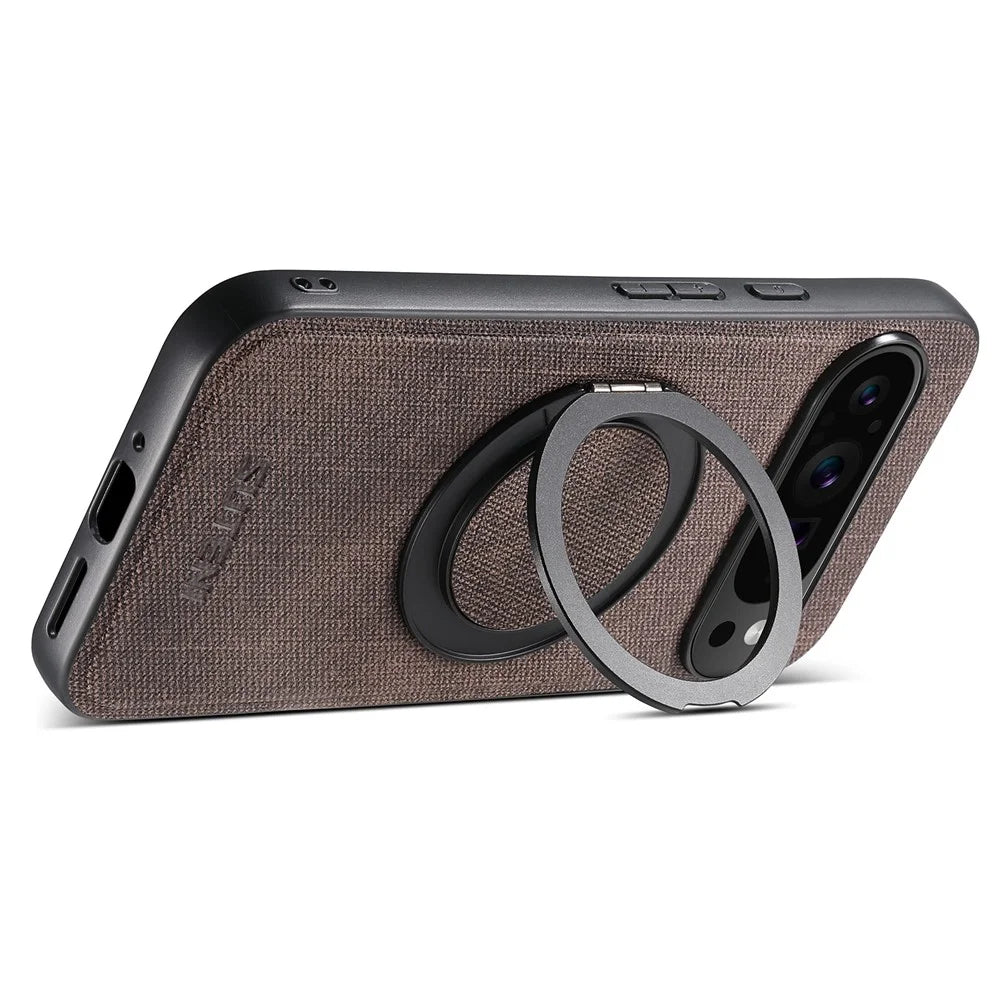 SUTENI G3 For Google Pixel 10 / 10 Pro Magnetic Case Rotating Ring Kickstand Jeans Texture PU TPU Phone Back Cover - Brown - 2