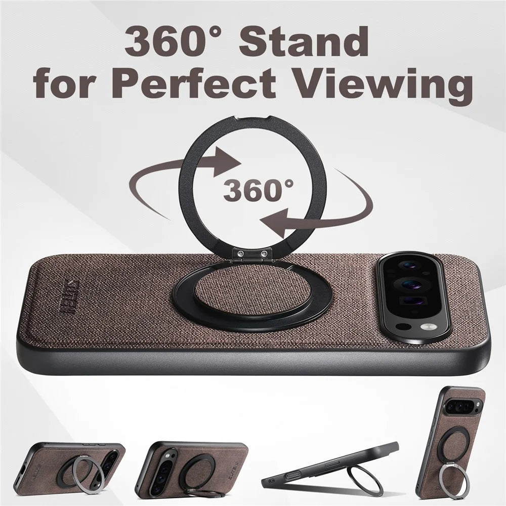 SUTENI G3 For Google Pixel 10 / 10 Pro Magnetic Case Rotating Ring Kickstand Jeans Texture PU TPU Phone Back Cover - Brown - 5