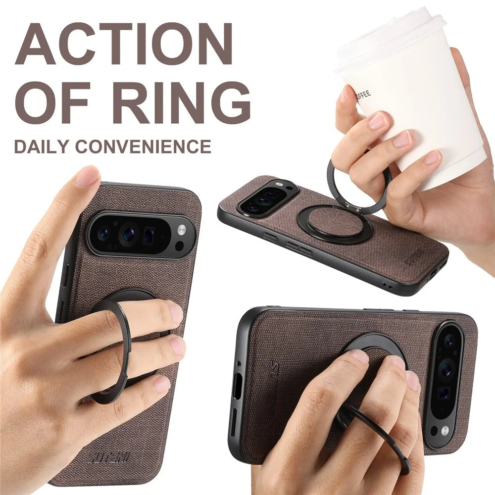 SUTENI G3 For Google Pixel 10 / 10 Pro Magnetic Case Rotating Ring Kickstand Jeans Texture PU TPU Phone Back Cover - Brown - 6