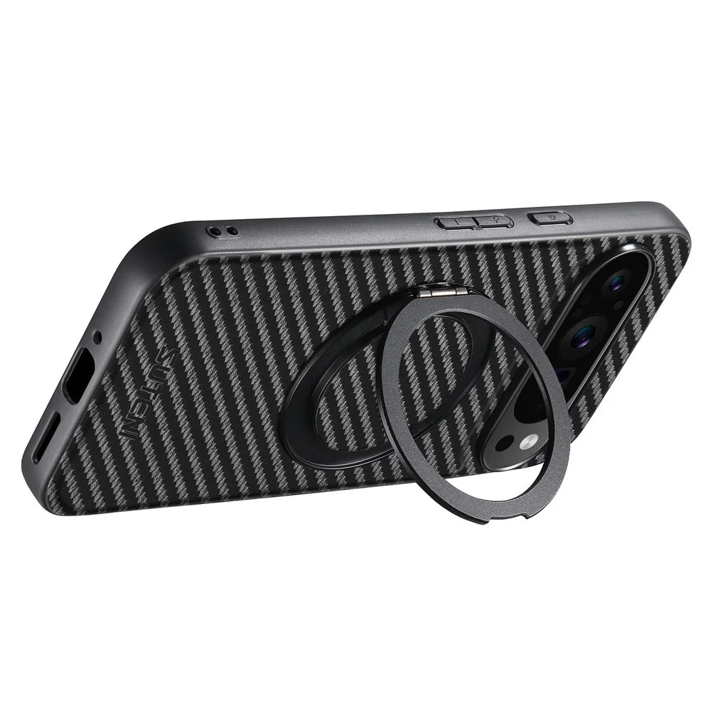 SUTENI G3 For Google Pixel 10 / 10 Pro Magnetic Case Rotating Kickstand Carbon Fiber Texture Leather Phone Back Cover - 2