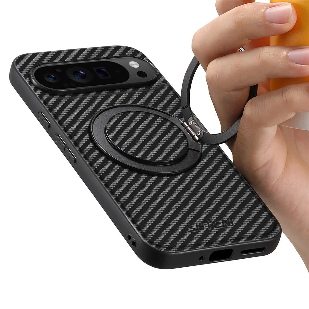 SUTENI G3 For Google Pixel 10 / 10 Pro Magnetic Case Rotating Kickstand Carbon Fiber Texture Leather Phone Back Cover - 4