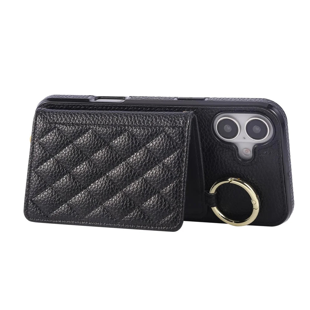 For iPhone 16 Case Kickstand Rhombus Leather + TPU Phone Cover with Shoulder Strap - Black - 3