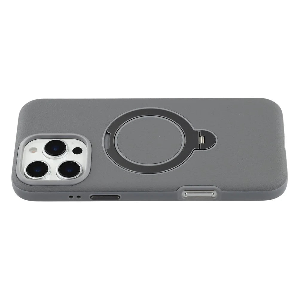 KIGC For iPhone 16 Pro Magnetic Case PC + PU Kickstand Phone Back Cover with Soft Lining - Grey - 1
