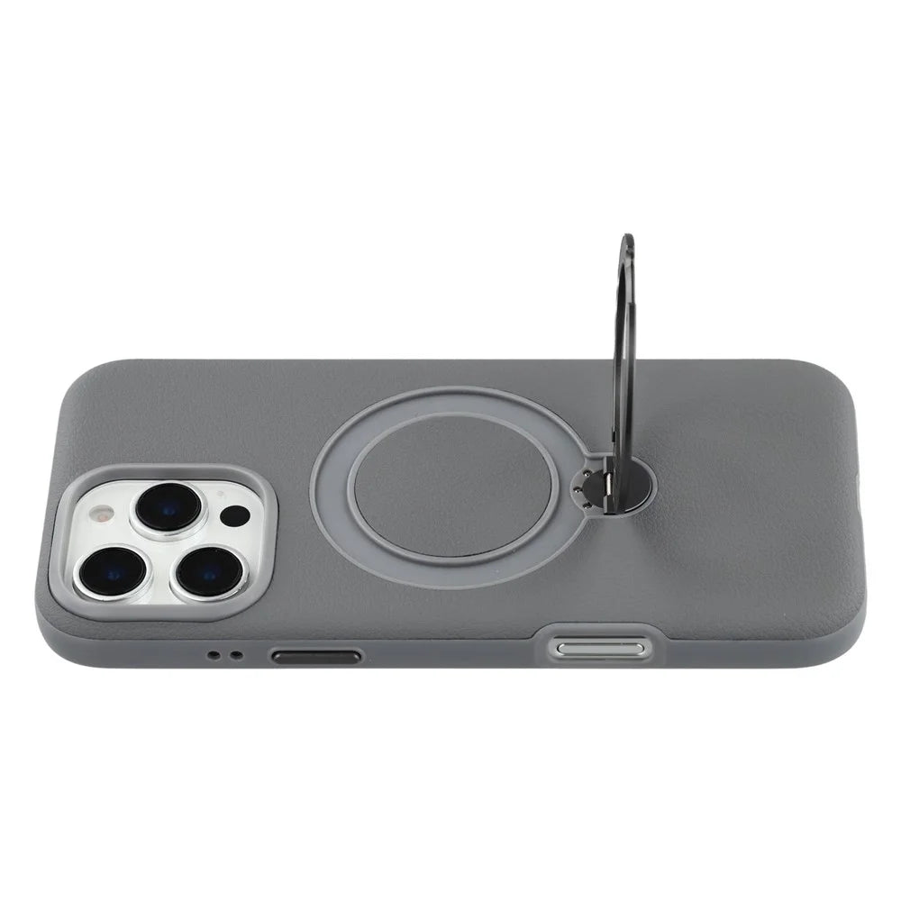 KIGC For iPhone 16 Pro Magnetic Case PC + PU Kickstand Phone Back Cover with Soft Lining - Grey - 5