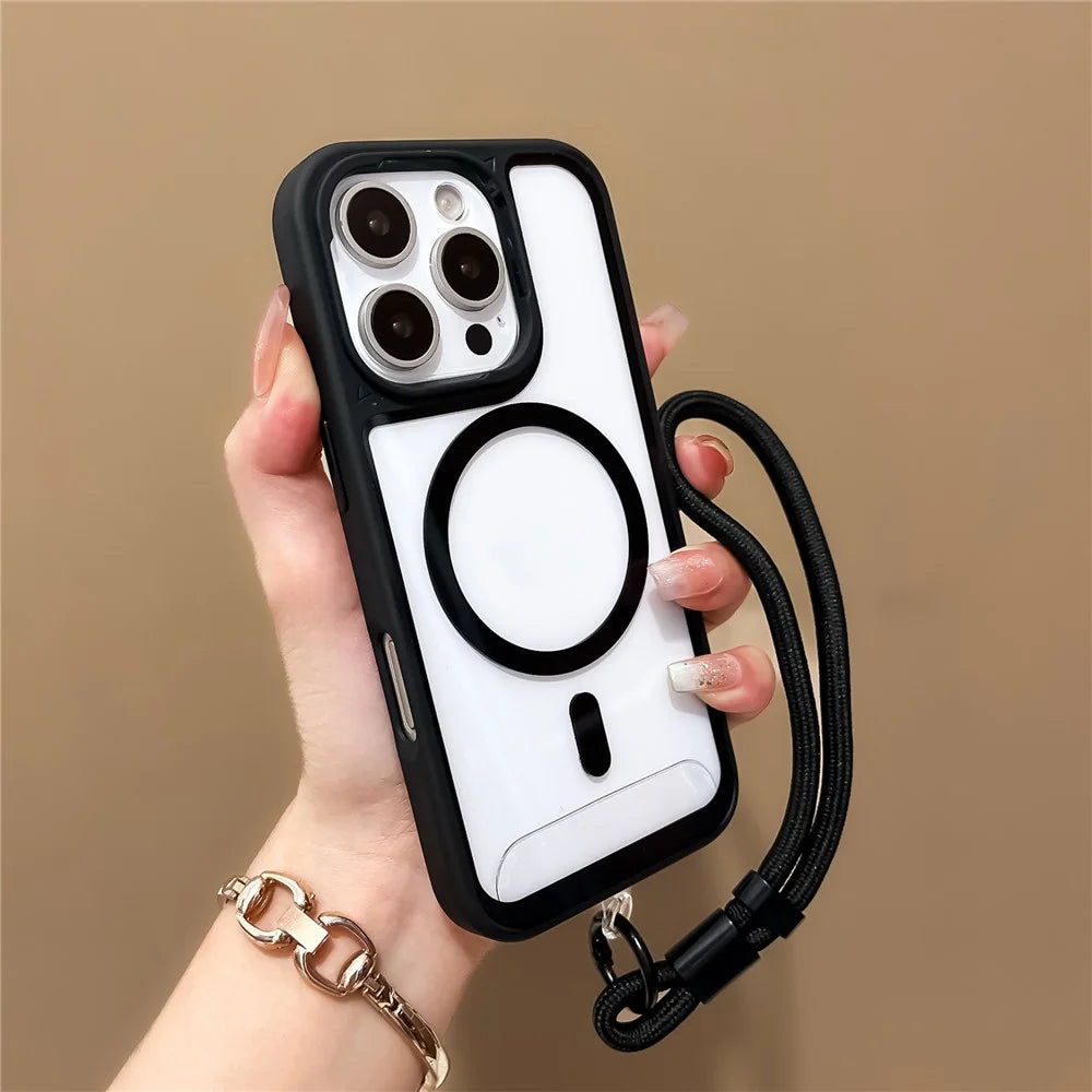 For iPhone 16 Pro Case Magnetic Case with Strap PC + TPU Shockproof Phone Cover - Black - 2
