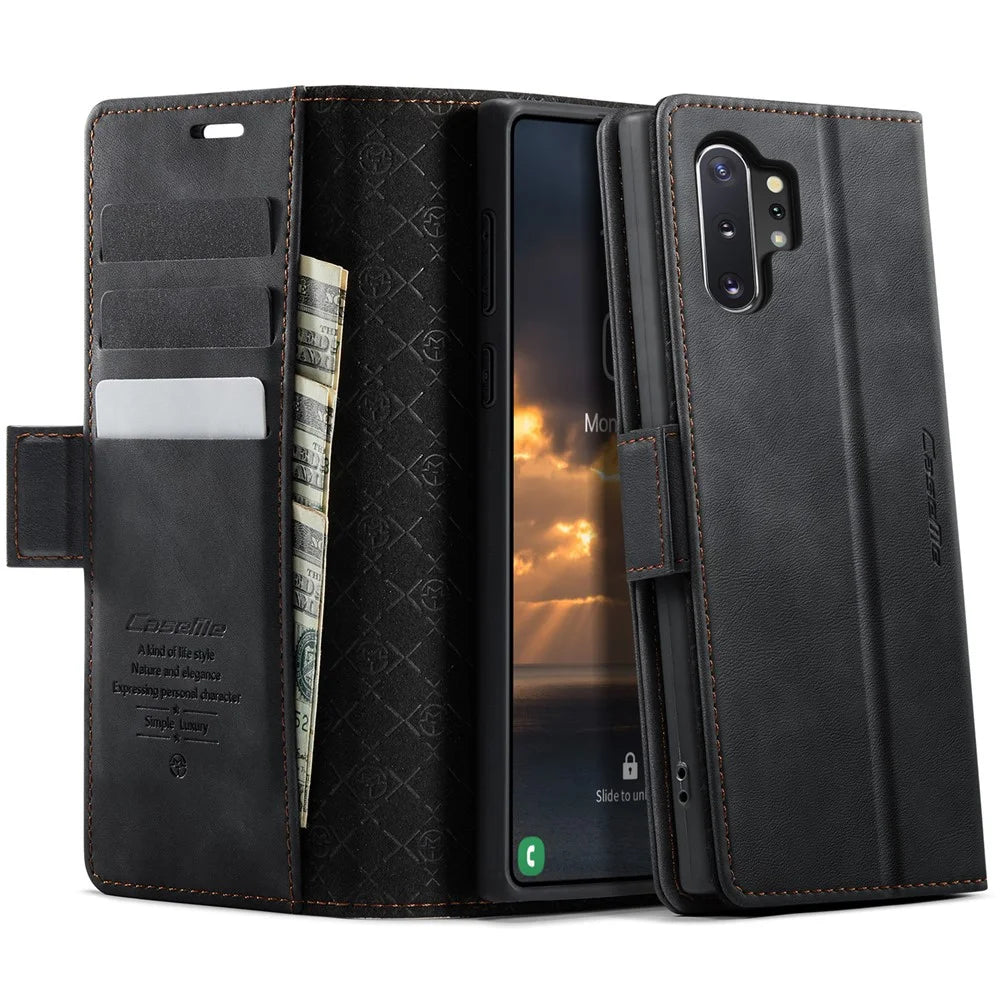 CASEME 033 Series For Samsung Galaxy Note10+ 5G  /  4G Case RFID Blocking Wallet Stand Calf Texture Leather Phone Cover - Black - 1
