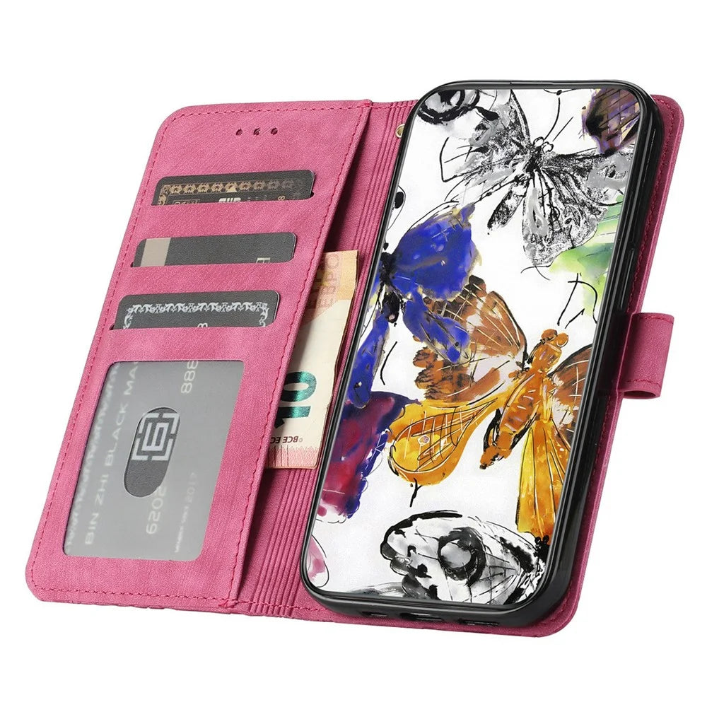 For iPhone 17 Case Butterfly Design Flip Wallet Leather Phone Cover Skin-Touch - Rose - 2