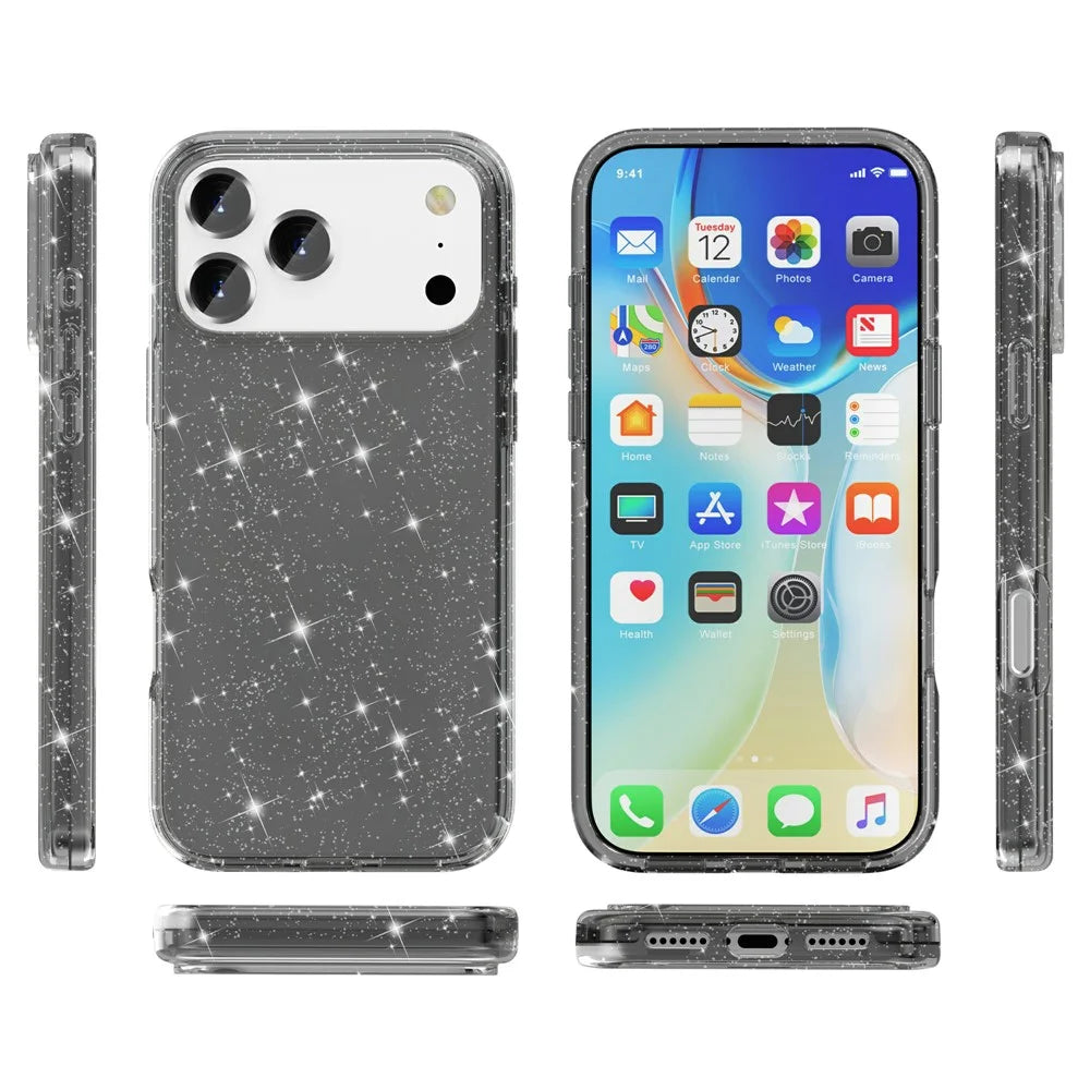 For iPhone 17 Pro Case Sparkly Powder Glitter Shiny Soft TPU + Hard PC Back Cover - Black - 7