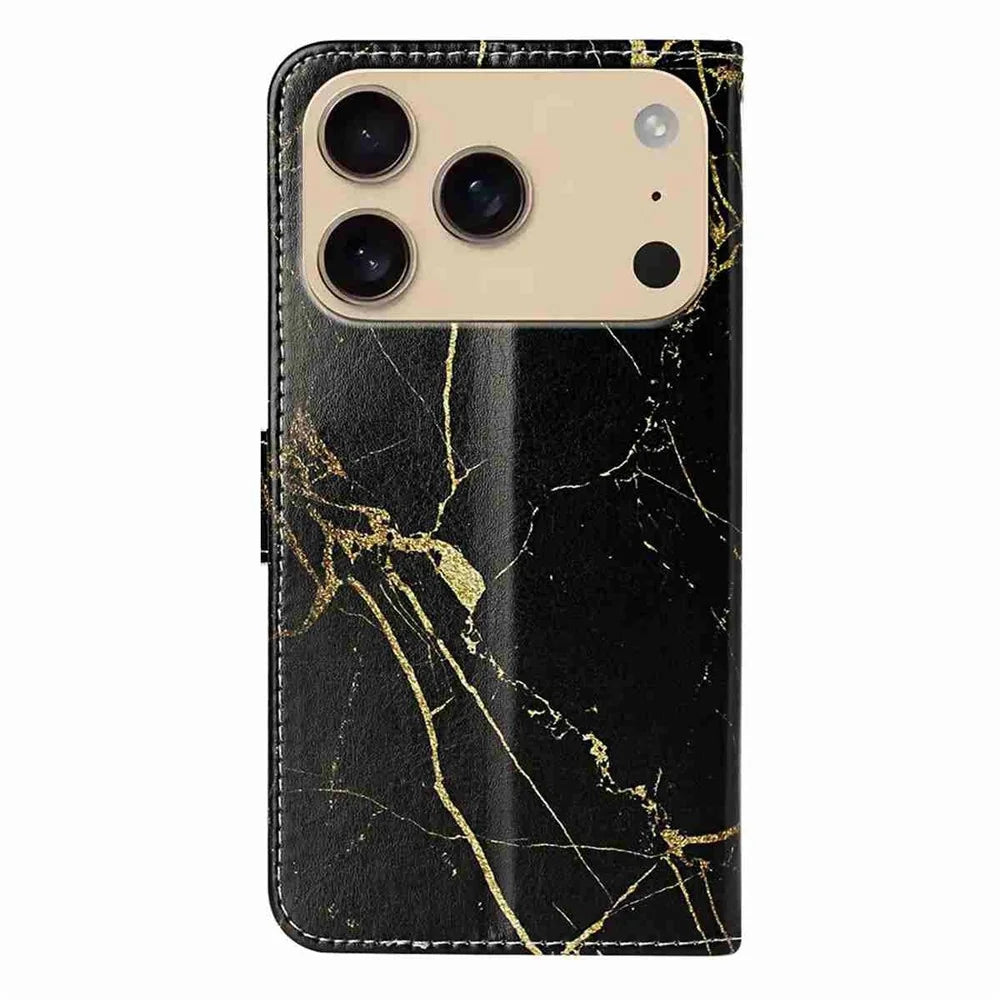 For iPhone 18 Pro Max / 17 Pro Max Stand Case Marble Painted Folio Flip Leather Wallet Phone Cover - Black Gold Marble - 6