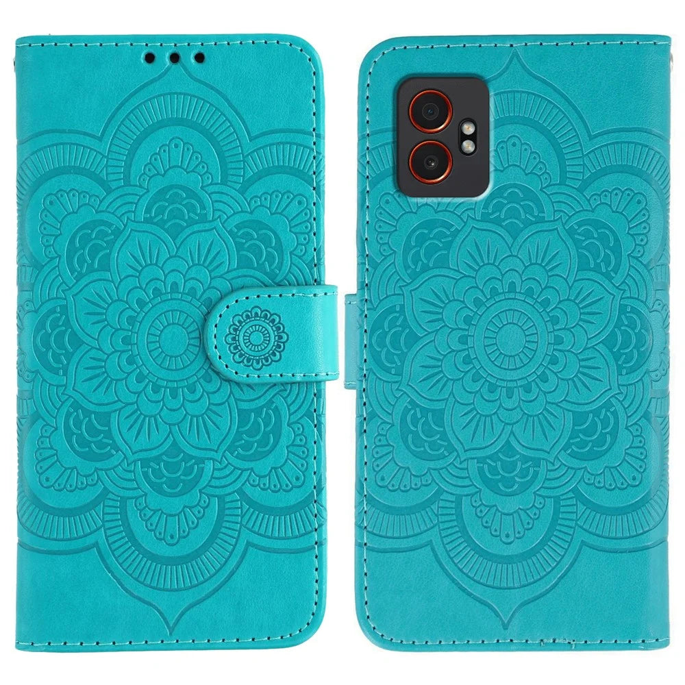 For Samsung Galaxy XCover7 Pro Case PU Leather Mandala Imprinted Design Wallet Phone Cover - Blue - 1