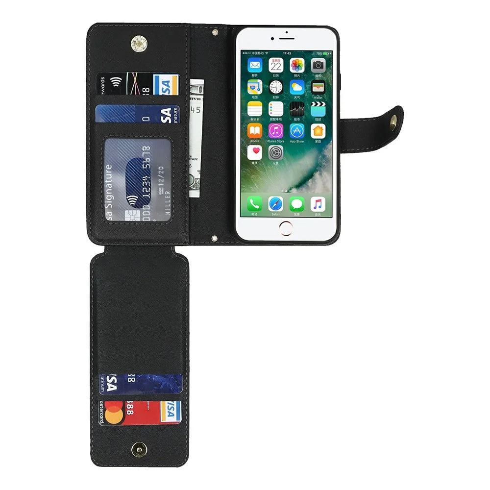 Stand Case for iPhone SE (2022) / (2020) / 8 / 7 PU Leather Phone Cover with Straps / Zipper Wallet / Multiple Card Slots - Black - 3