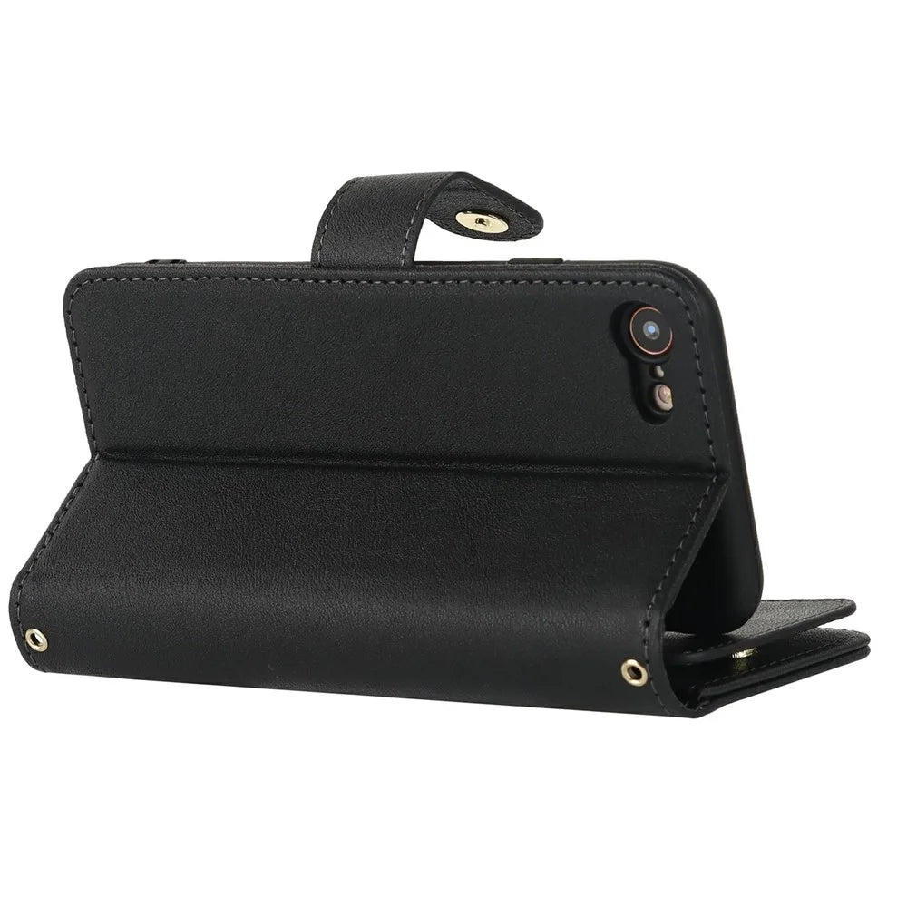 Stand Case for iPhone SE (2022) / (2020) / 8 / 7 PU Leather Phone Cover with Straps / Zipper Wallet / Multiple Card Slots - Black - 5