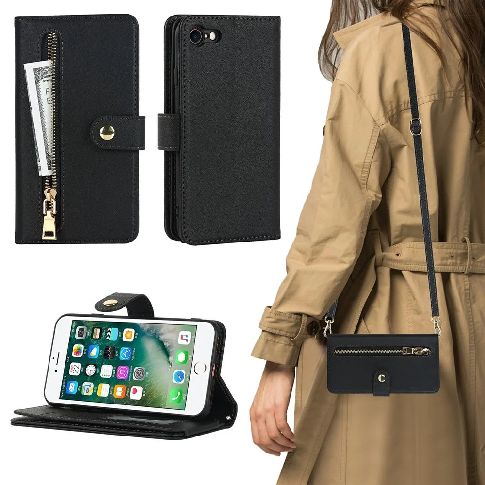 Stand Case for iPhone SE (2022) / (2020) / 8 / 7 PU Leather Phone Cover with Straps / Zipper Wallet / Multiple Card Slots - Black - 7